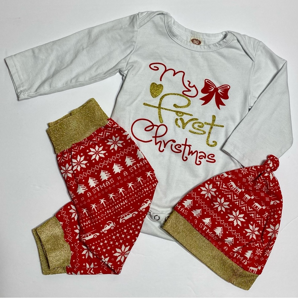 MY FIRST CHRISTMAS Bundle Long Sleeve Onesie Glitter w/ Festive Pants & Hat